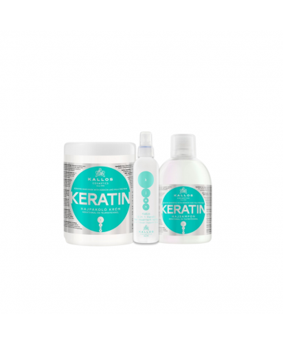 Kallos Keratin Power Shampoo, Mascarilla y Regenerador Capilar | Pack 3