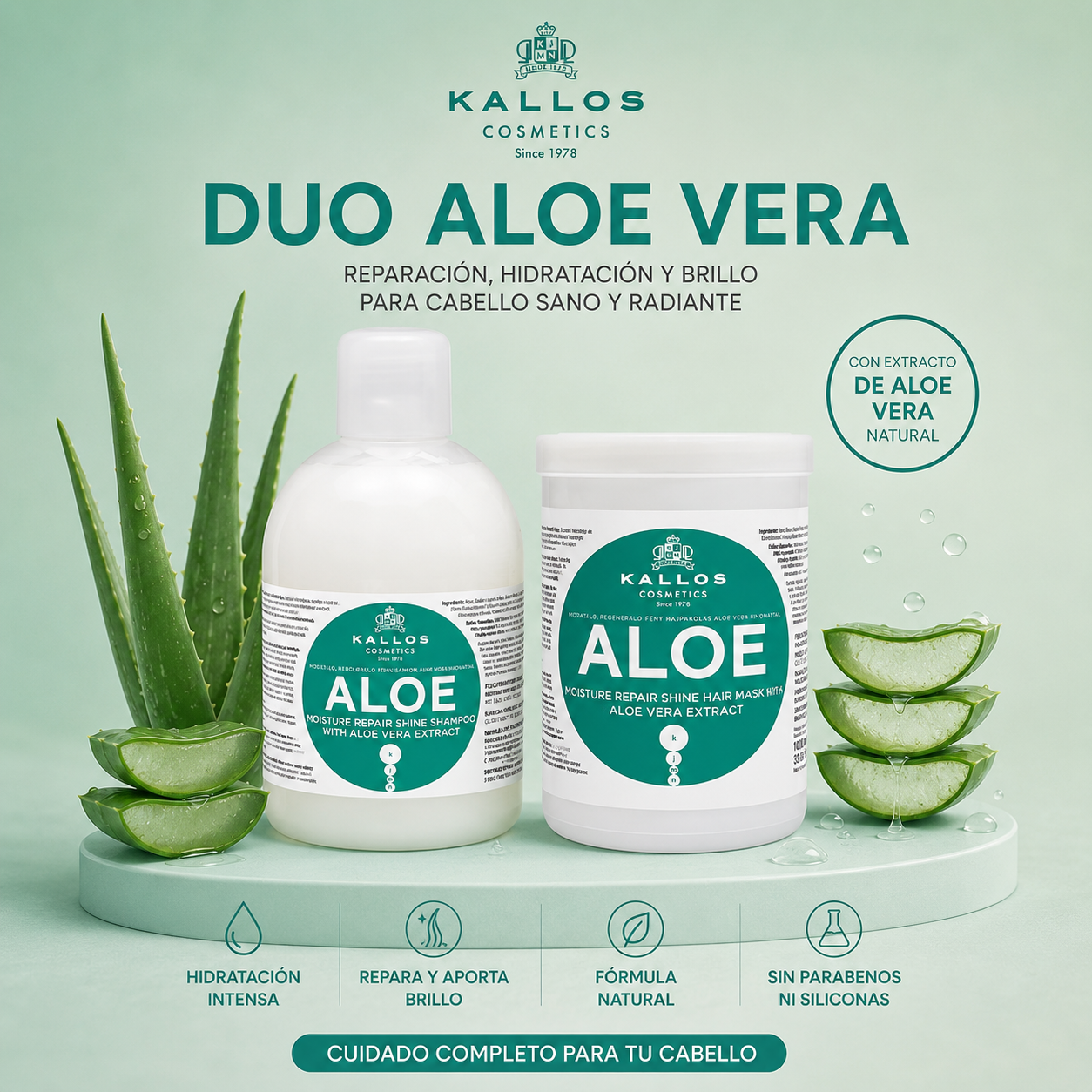 Kallos Aloe Kit | Shampoo + Máscara 1000ml | Hidratación y Suavidad Capilar
