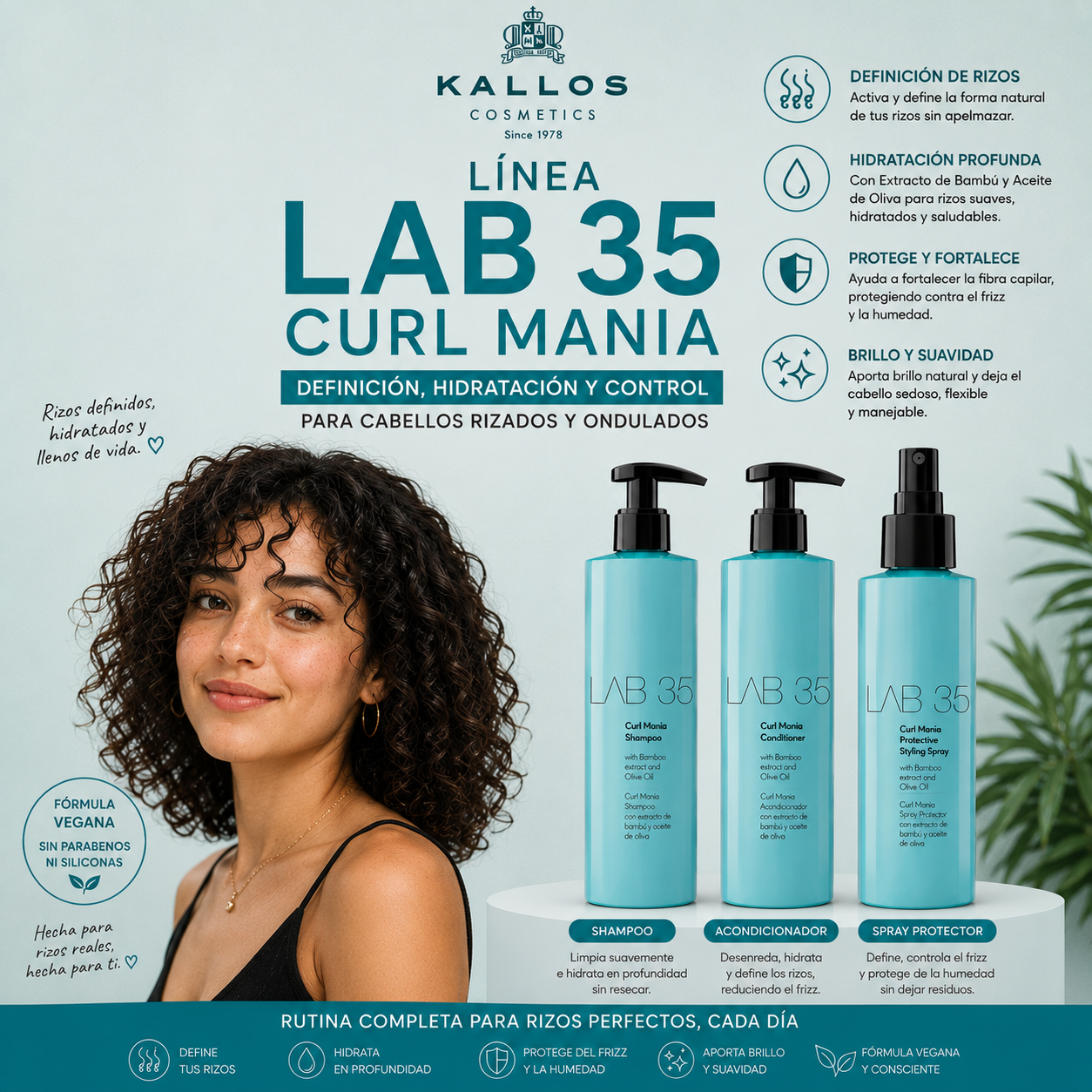 Kallos Lab35 Línea Curl Manía Shampoo acondicionador y Tónico | Pack 3