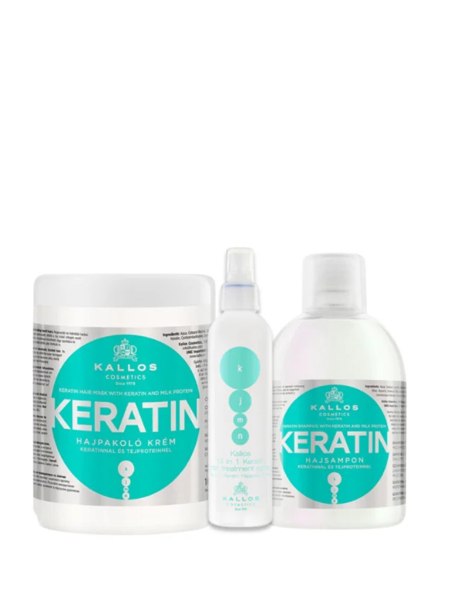 Kallos Keratin Power Kit | Shampoo + Mascarilla + Regenerador Capilar | Pack 3