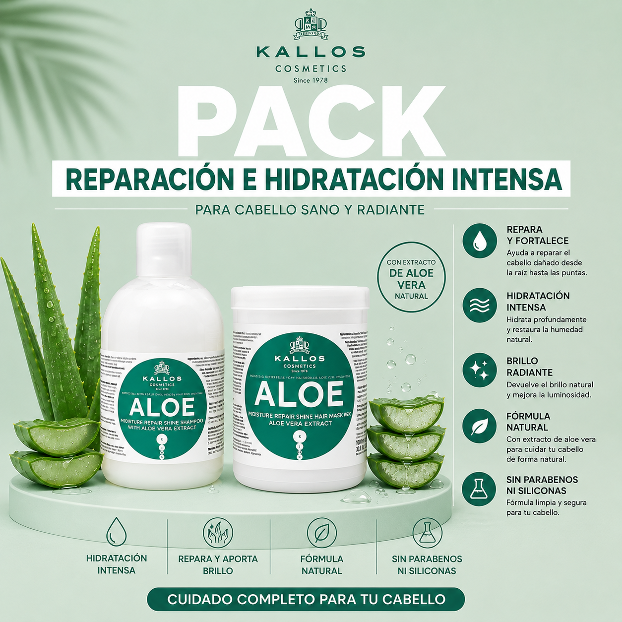 Pack Reparación e Hidratación Intensa Kallos Aloe | Shampoo + Máscara 1000ml