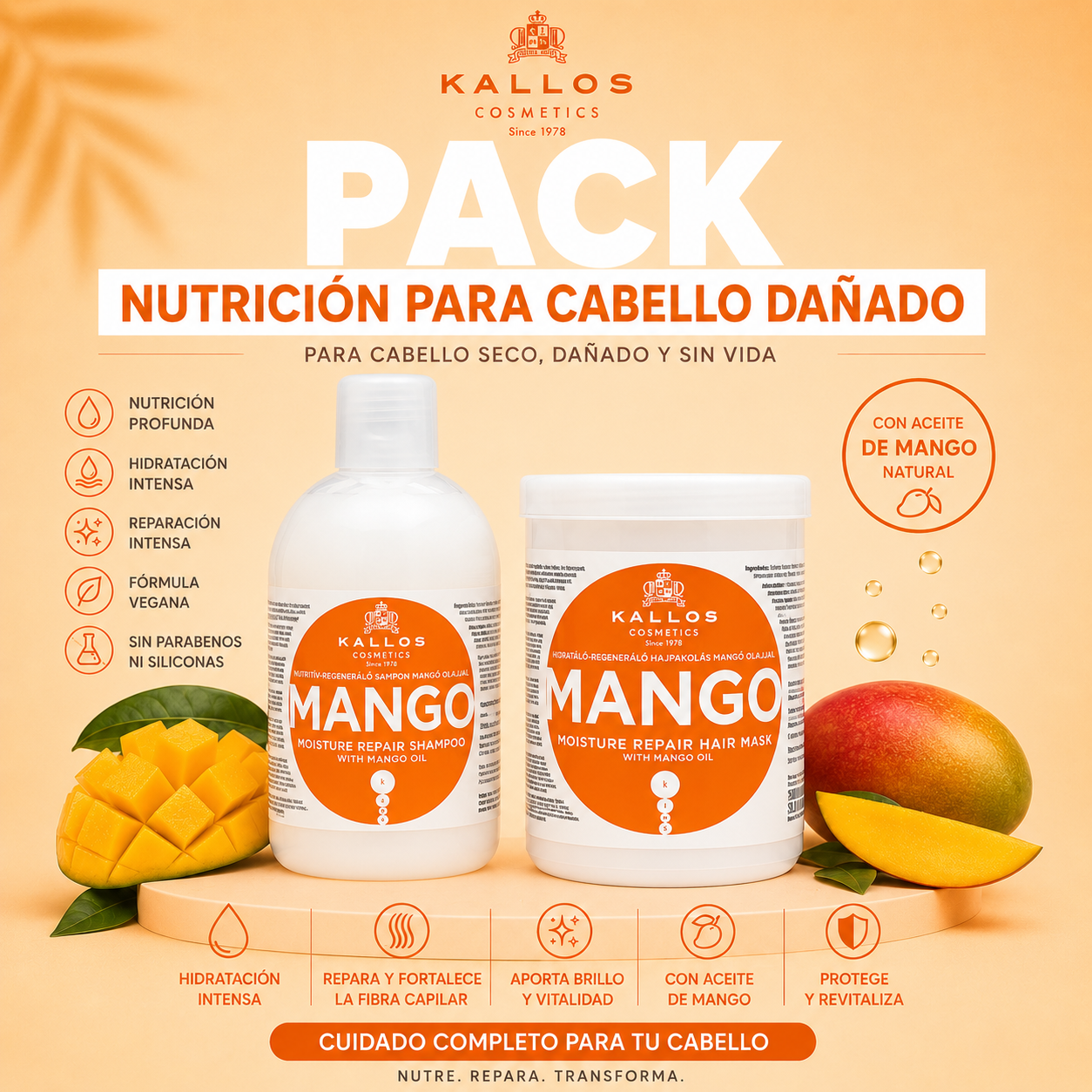 Pack Nutrición para Cabellos Dañados Kallos Mango 1000ml