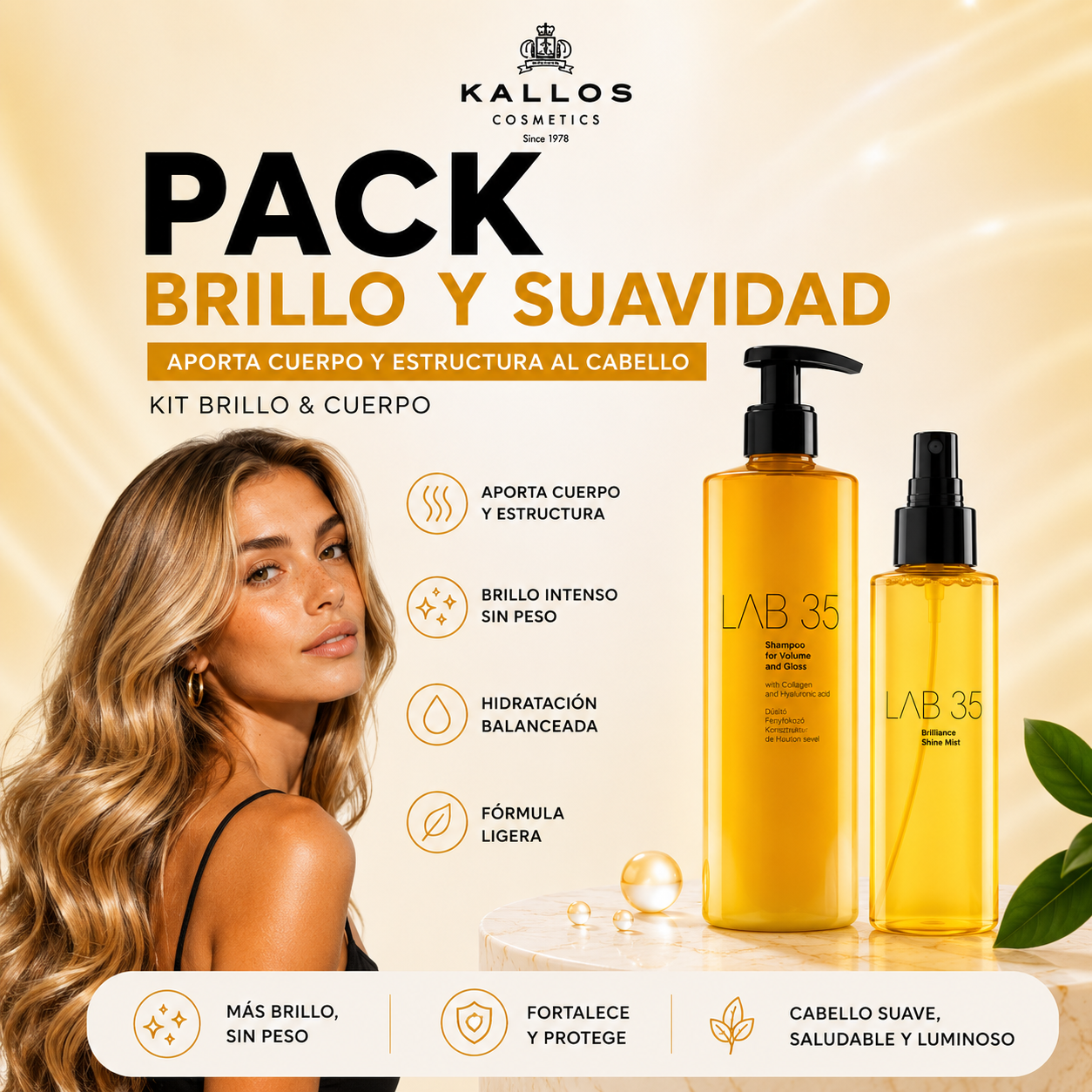 Pack Brillo y Suavidad Kallos Lab35 | Shampoo 500ml + Tónico de Brillo Revitalizante 150ml