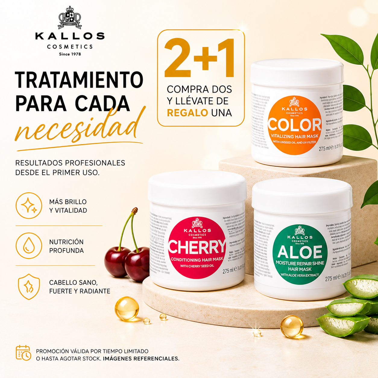 Pack Kallos 2+1 Hidratación y Nutrición Capilar -  Cherry + Aloe + Color | 3 x 275 ml