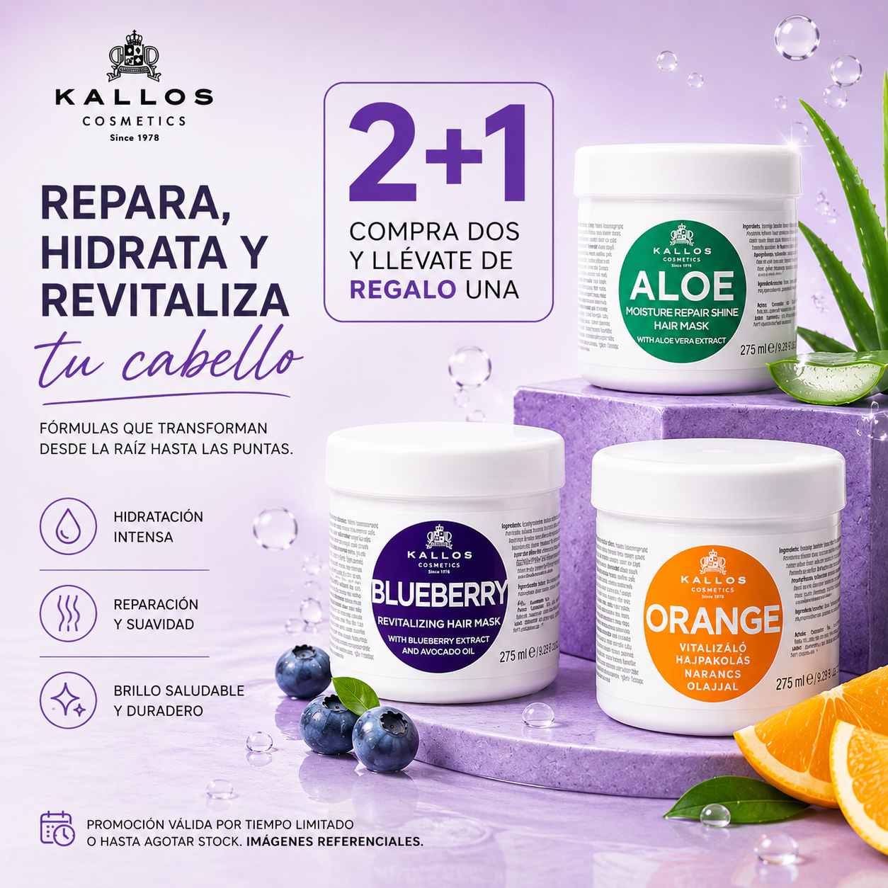 Pack Kallos 2+1 Reparación y Revitalización Capilar - Aloe + Blueberry + Orange | 3 x 275 ml