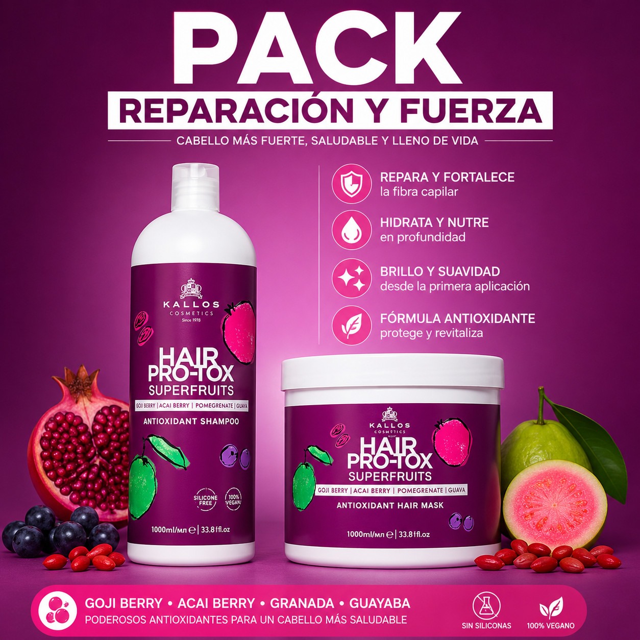 Pack Reparación y Fuerza - Kallos PRO-TOX Superfruit | Shampoo + Máscara 1000ml