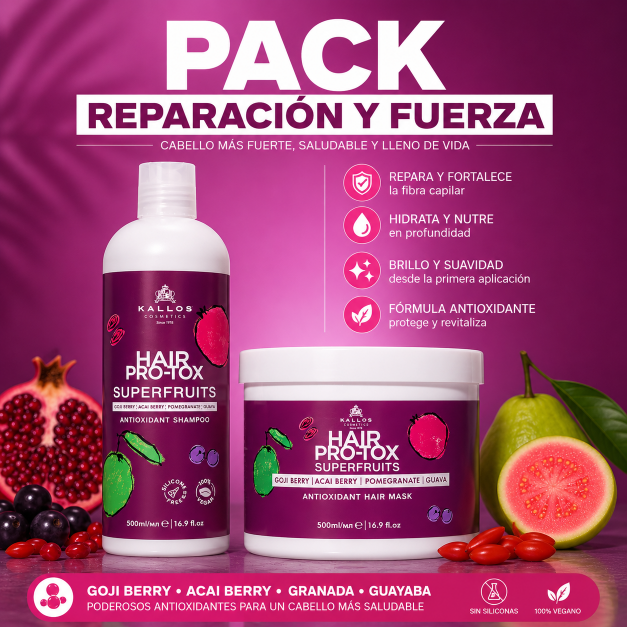 Pack Reparación y Fuerza - Kallos PRO-TOX Superfruit | Shampoo + Máscara 500ml