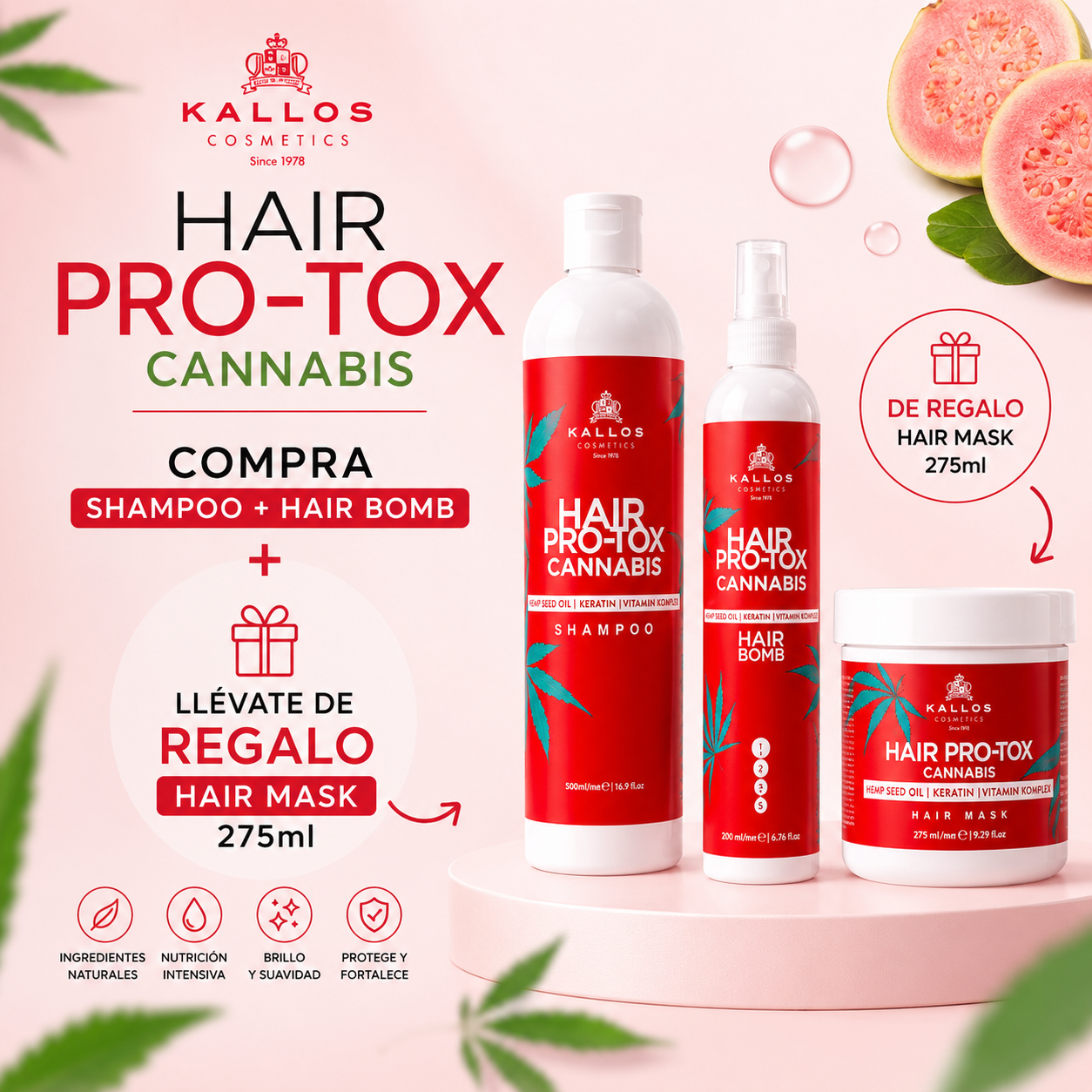 Kit Kallos Pro-Tox Cannabis Reparación Capilar | Shampoo 500ml + Hair Bomb 200ml + Mascarilla 275ml de Regalo