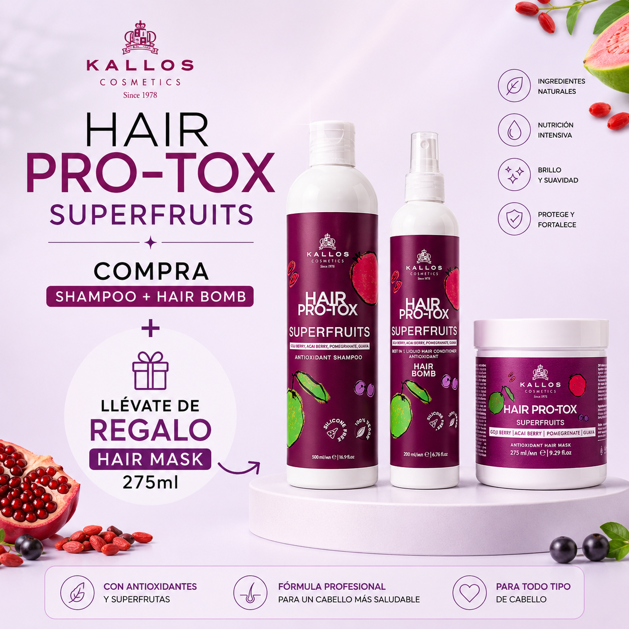 Kit Kallos Pro-Tox Superfruits Reparación Capilar | Shampoo 500ml + Hair Bomb 200ml + Mascarilla 275ml de Regalo