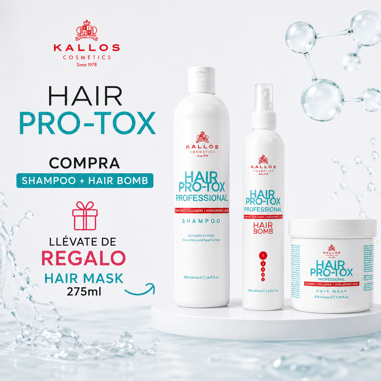 Kit Kallos Pro-Tox Reparación Capilar | Shampoo 500ml + Hair Bomb 200ml + Regalo Mascarilla 275ml