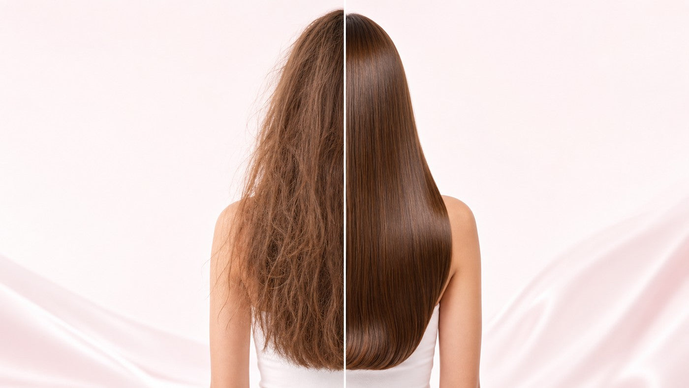 Comparacion visual de cabello dañado y cabello reparado con brillo